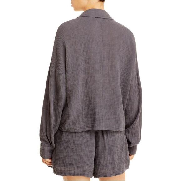 MONROW Gray Relaxed Gauze Button Down Shirt Long Sleeve Twist Front Size XS New - Picture 7 of 13